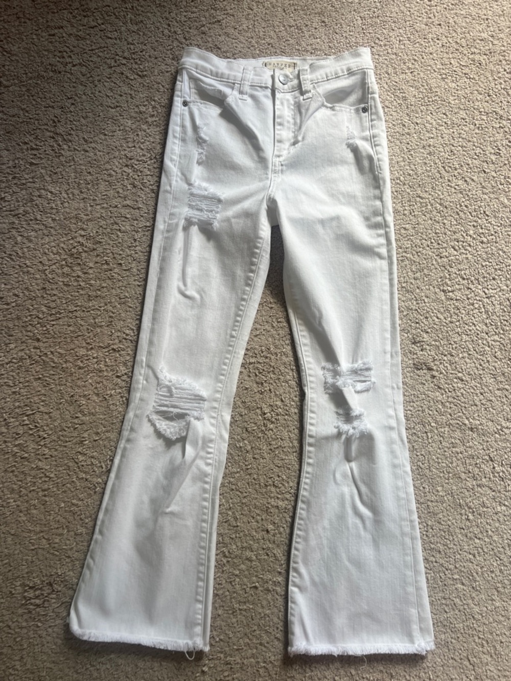 White Distressed Skinny Kick Flare Cropped Jeans - Mid-Rise